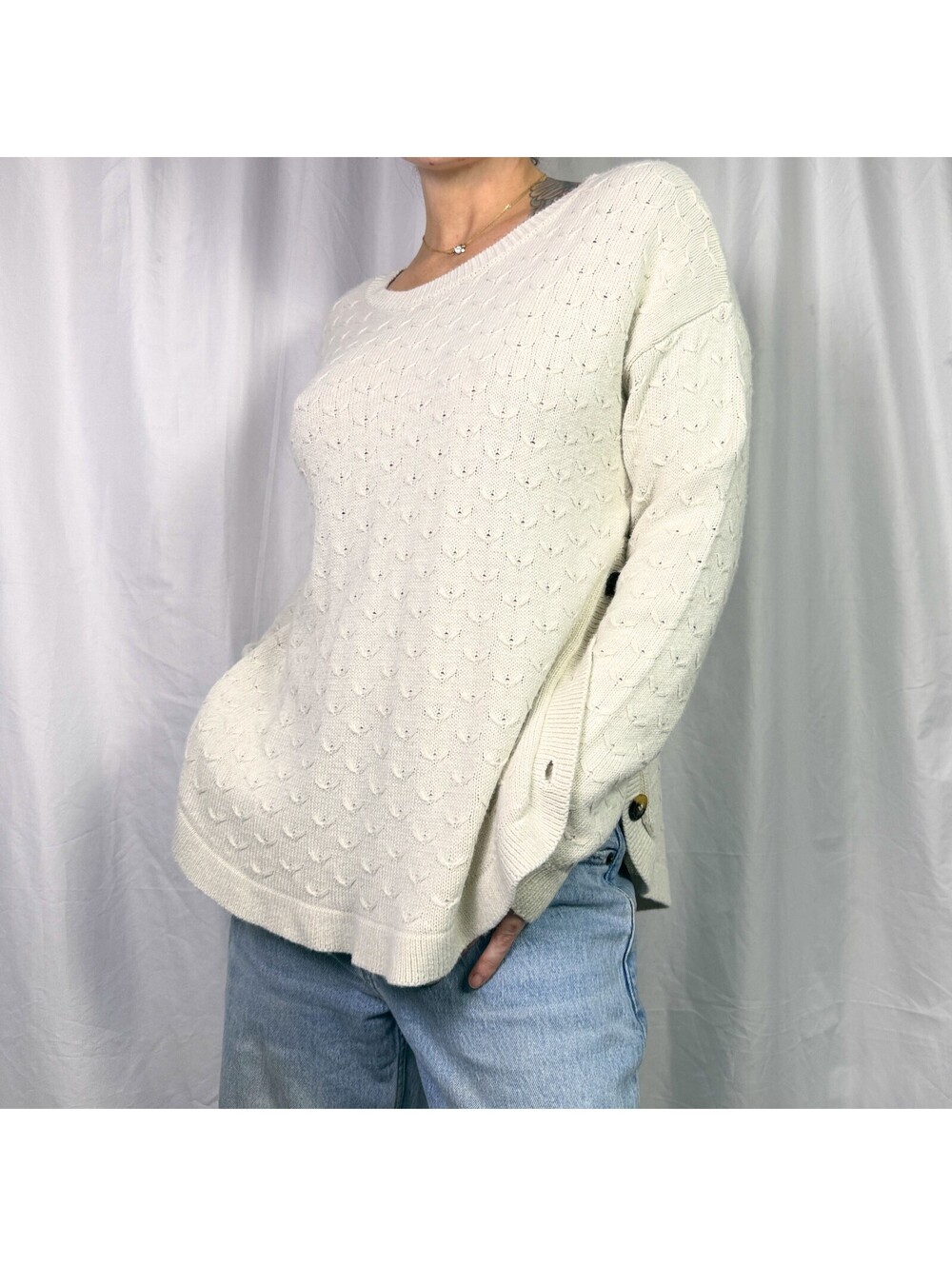 Fat Face Cream Textured Knit Side Button Sweater UK 12